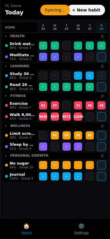 Pure black theme screenshot of the HabitOrbit app