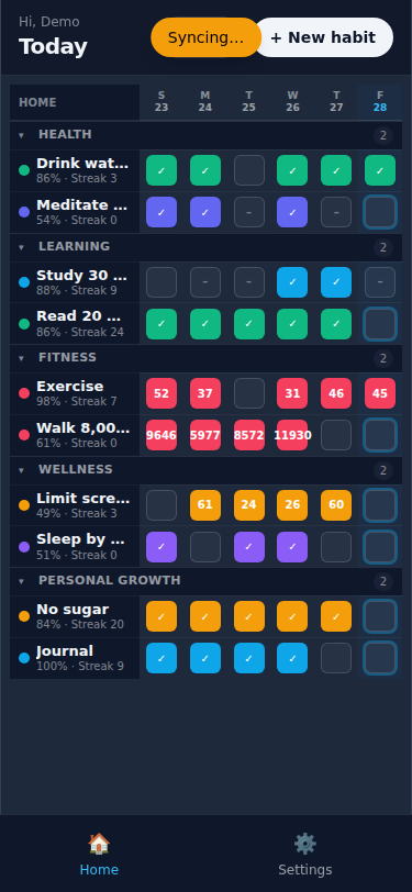 Dark theme screenshot of the HabitOrbit app