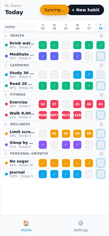 Light theme screenshot of the HabitOrbit app